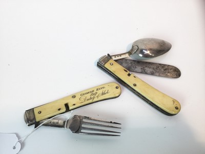 Lot 928 - Rare Georgian seaman’s combination knife, fork and spoon set, with central brass liners that divide and ivory scales. Spatula blade stamped Wostenholm, the fork and spoon in close plate with stampe...