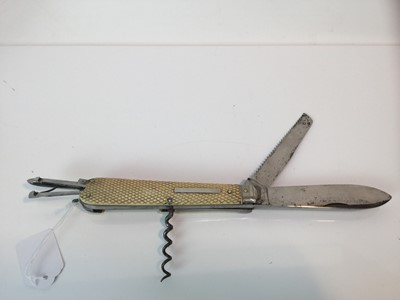 Lot 465 - Fine quality Victorian sportsman’s knife with three cutting blades, corkscrew, spike, scissors, pricker and tweezers, chequered ivory scales, eared spring lock release and suspension ring, blades s...