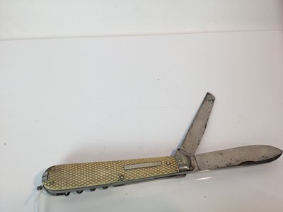 Lot 465 - Fine quality Victorian sportsman’s knife with three cutting blades, corkscrew, spike, scissors, pricker and tweezers, chequered ivory scales, eared spring lock release and suspension ring, blades s...