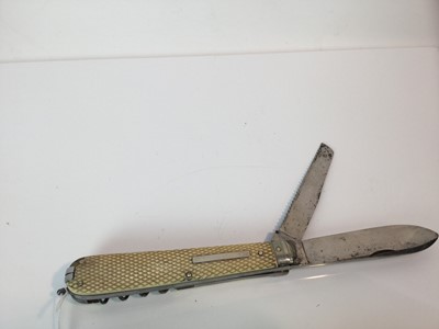 Lot 931 - Fine quality Victorian sportsman’s knife with three cutting blades, corkscrew, spike, scissors, pricker and tweezers, chequered ivory scales, eared spring lock release and suspension ring, blades s...