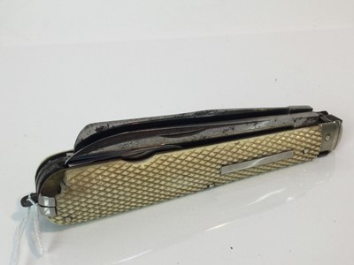 Lot 931 - Fine quality Victorian sportsman’s knife with three cutting blades, corkscrew, spike, scissors, pricker and tweezers, chequered ivory scales, eared spring lock release and suspension ring, blades s...