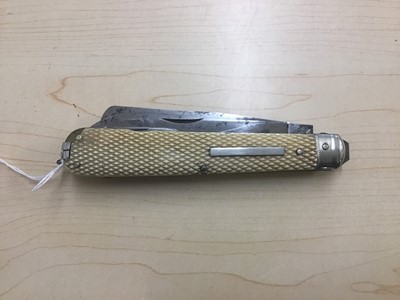 Lot 931 - Fine quality Victorian sportsman’s knife with three cutting blades, corkscrew, spike, scissors, pricker and tweezers, chequered ivory scales, eared spring lock release and suspension ring, blades s...