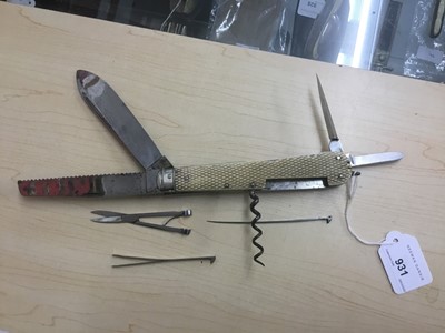 Lot 931 - Fine quality Victorian sportsman’s knife with three cutting blades, corkscrew, spike, scissors, pricker and tweezers, chequered ivory scales, eared spring lock release and suspension ring, blades s...