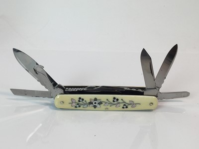 Lot 926 - Mid Victorian multi - blade Exhibition knife with nine folding blades, ivory scales inlaid with silver wire and Mother of Pearl and Abalone flowers, deep cut and worked springs, unmarked but of a s...