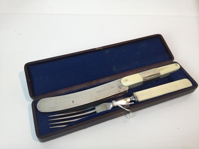 Lot 923 - Rare Victorian knife and fork set in original fitted case, comprising an unusual triple bladed knife stamped V crown R, Joseph Rodgers & Sons, Cutlers To Her Majesty, with ivory scales and white me...