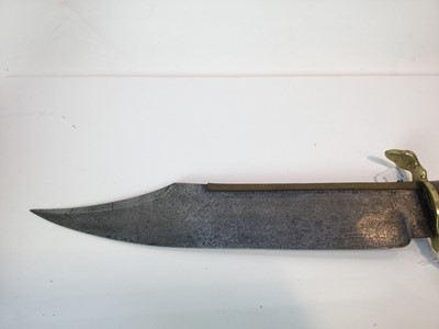 Lot 880 - An early 19th Century original classical style Bowie Knife of large proportions with 131/2 inch blacksmith forged steel clipped-back blade with overlaid hardened sheet brass strip along the back ed...