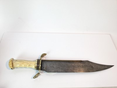 Lot 880 - An early 19th Century original classical style Bowie Knife of large proportions with 131/2 inch blacksmith forged steel clipped-back blade with overlaid hardened sheet brass strip along the back ed...