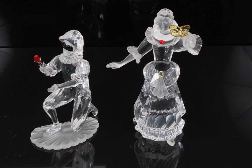 Lot 1315 - Two Swarovski crystal Masquerade figures - Columbine 2000, and Harlequin 2001, with stands and plaques, both boxed