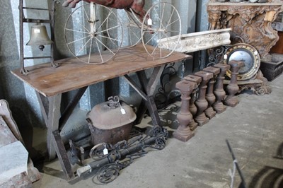 Lot 186 - 19th century elm trestle table, 67 x 130cm, together with a white painted pier table top and group of metalwares including set of six columns, table base and other items