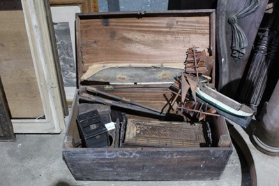 Lot 203 - Old wooden crate containing various treen items, together with collection of wooden architecture elements