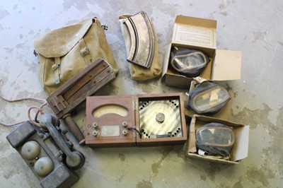 Lot 815 - Second World War ARP gas rattle, together with field telephone set, canvas webbing bags and pouches and other items (1 box)