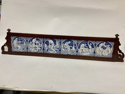 Lot 2680 - Moyr Smith for Minton- set of six Victorian blue and white tiles depicting The Craftsmen, within a Victorian mahogany frame