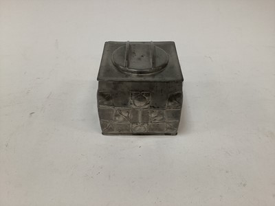 Lot 2675 - Art Nouveau Tudric pewter tea caddy/biscuit box and cover designed by Archibald Knox for Liberty, of square form with stylized flowers and leaves in grid formation, signed and numbered 0194, approx...