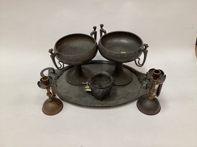 Lot 2677 - Art Nouveau pewter two-handled tray with Ruskin style turquoise glazed jewels, together with a pair of pewter pedestal dishes, Art Nouveau pewter jardiniere and a pair of Arts & Crafts copper and b...