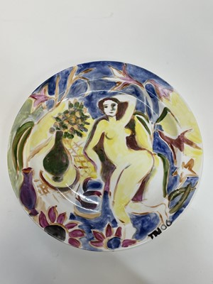 Lot 1295 - *Tessa Newcomb (b.1955) - hand-painted plate - ‘Nude in an 
interior’, dated 2006