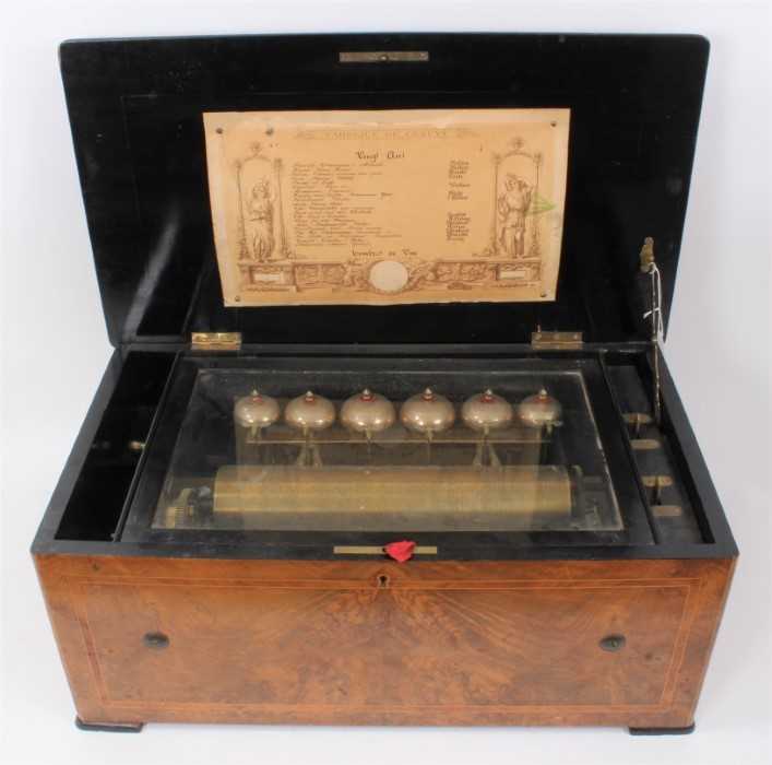Lot 820 - Fine late 19th century Swiss musical box playing 20 airs striking on six 
bells in figured walnut case