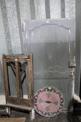 Lot 212 - Antique pine easel, 133cm high, together with a 19th century French painted door and scagliola style circular table top, 62cm wide