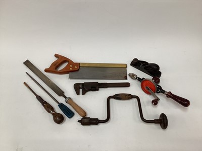 Lot 2664 - Group of tools, including files, brace, saw, etc