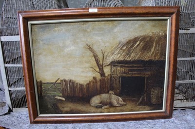 Lot 222 - 19th century oil on canvas of pigs in a barn yard  50cm x 67cm in maple frame