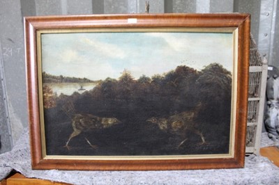Lot 227 - 19th century oil on canvas depicting a cock fight, 61cm x 92cm in maple frame