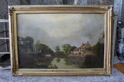 Lot 230 - 19th century English school oil canvas study of a millpond, name to frame M Atkinson 69cm x 46cm