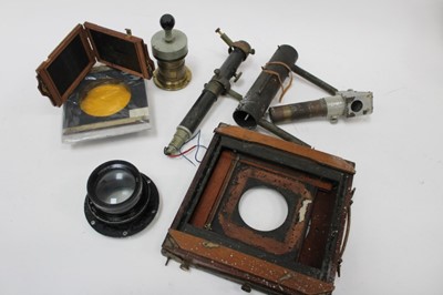 Lot 2469 - Photography interest: plate camera parts, wooden slides, developing tank, lenses, etc