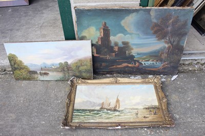 Lot 233 - Follower of Claude Lorraine, oil on canvas - Fantastical landscape, 48 x 71cm, a Lakeland landscape signed WMB and a 19th century marine oil on landscape. (3)