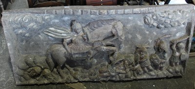Lot 235 - Very large carved wooden panel, relief carved with a scene of a horseman trampling his foes, 159cm wide x 72cm high