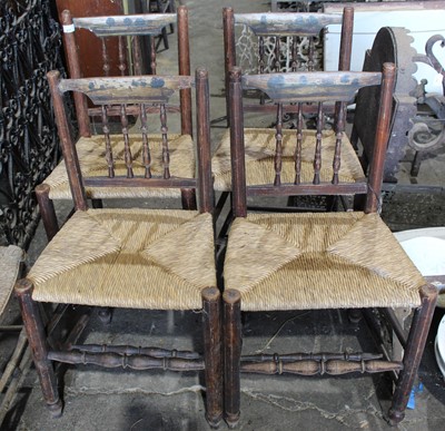 Lot 237 - Set of four unusual 19th century wicker country chairs, each painted with landscape scene to the top rail