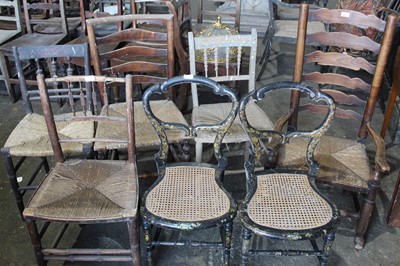 Lot 240 - Early 19th century ash and elm later back elbow chair, together with six various caned chairs