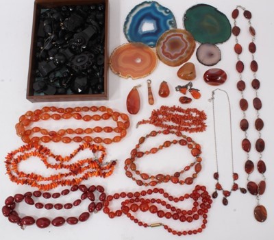 Lot 262 - Collection of Victorian and later jet and similar style jewellery, carnelian bead necklaces, antique coral necklace and agate slices