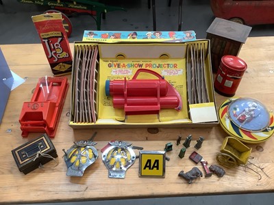 Lot 1865 - Die Cast Unboxed Selection of Early Dinky Models, Tin Plate Biscuit Tin and Chad Vallet Projector boxed.