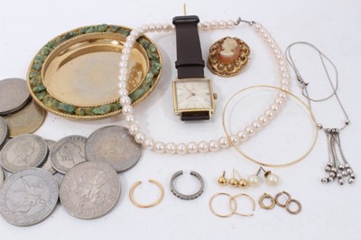 Lot 329 - Yellow metal wedding ring (cut), half eternity ring (cut), bangle, costume jewellery, Certina watch and coins