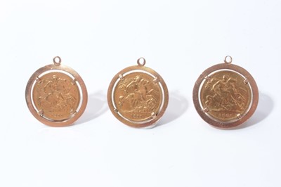 Lot 681 - G.B. Three gold half sovereigns in gold pendant mounts