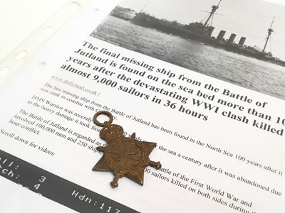 Lot 753 - First World War casualty 1914 -15 Star medal named to J.30811. F. E. Baker. Boy. I. R.N.  
N.B. Frederick Edward Baker was serving aboard the armoured cruiser HMS Warrior during the Battle of Jutla...