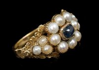 Lot 734 - Regency sapphire and seed pearl cluster ring,...