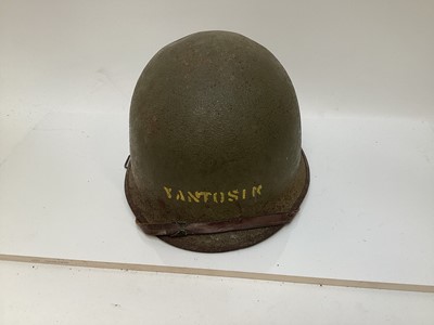 Lot 764 - American M1 steel helmet with original finish, with liner, leather headband and chinstrap liner, named YANTOSIK on front, made by Mine Safety Applicance Company (MSA) circa. 1944 - 1945