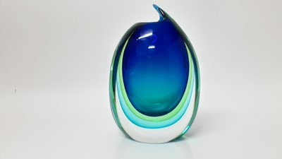 Lot 1350 - Impressive heavy Murano blue, green and clear art glass vase, signed Bruno Toso, Murano