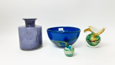 Lot 1351 - Isle of Wight glass paperweight, signed by Michael Harris, together with a purple glass vase, blue art glass bowl, signed, and another piece of art glass (4)