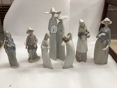 Lot 1356 - Collection of Lladro porcelain figures and geese including nuns, girl with cat and dog etc, together with a Nao dog, Capodimote figures and a Spanish basket (20)