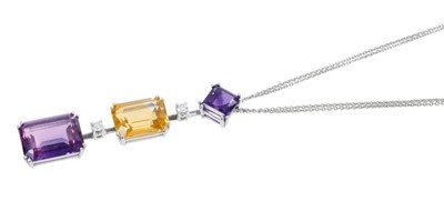 Lot 437 - Diamond amethyst and citrine pendant necklace in 18ct white gold setting