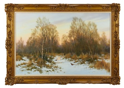 Lot 1041 - *Colin Burns (b.1944) oil on canvas - Pheasants in Snow, signed, 62cm x 91cm, in gilt frame