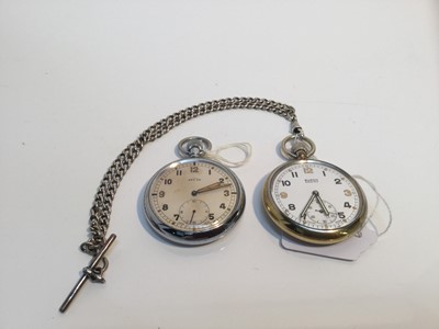 Lot 774 - Second World War G.S.T.P open face pocket watch, by Recta with, luminous hands, Arabic numerals, subsidiary seconds and button wind movement, rear of case, stamped G.S.T.P, F069992, together with a...