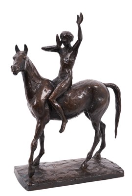 Lot 1054 - David Wynne (1926-2014) bronze sculpture of a figure on a horse, maquette for The Messenger, 23cm wide  
N.B. created 1981, commissioned by Business Press International Ltd