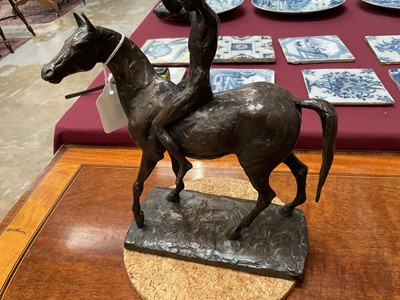 Lot 1054 - David Wynne (1926-2014) bronze sculpture of a figure on a horse, maquette for The Messenger, 23cm wide  
N.B. created 1981, commissioned by Business Press International Ltd