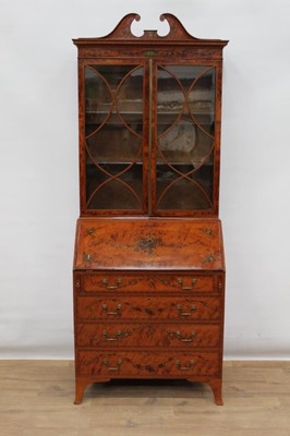 Lot 1305 - Edwardian satinwood bureau bookcase with polychrome painted floral festoons