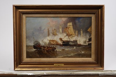 Lot 1057 - George Clarkson Stanfield (1828-1878) oil sketch on panel in gilt frame - Naval Battle, 26cm x 34cm