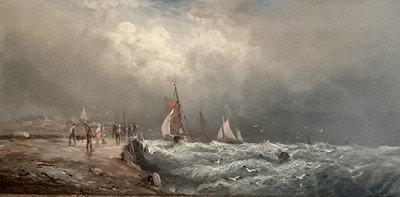 Lot 1060 - William Anslow Thornbery (act. 1858-1898), oil on canvas – coastal scene ‘French Luggers, off Boulogne’ 20cm x 39cm