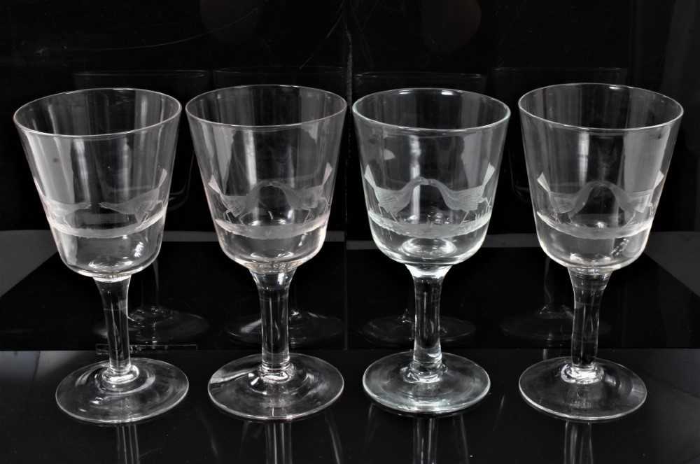 Lot 30 - Set of ten good quality wine glasses with engraved sporting decoration