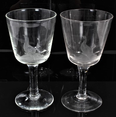 Lot 30 - Set of ten good quality wine glasses with engraved sporting decoration